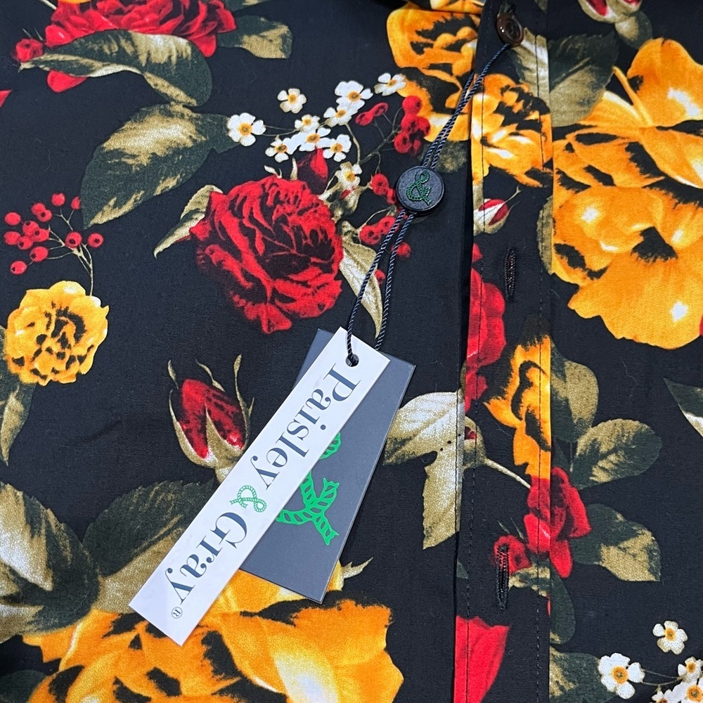 Paisley & Gray Slim Fit Tab Collar Black All Over Print Roses Club Shirt - Picture 7 of 14